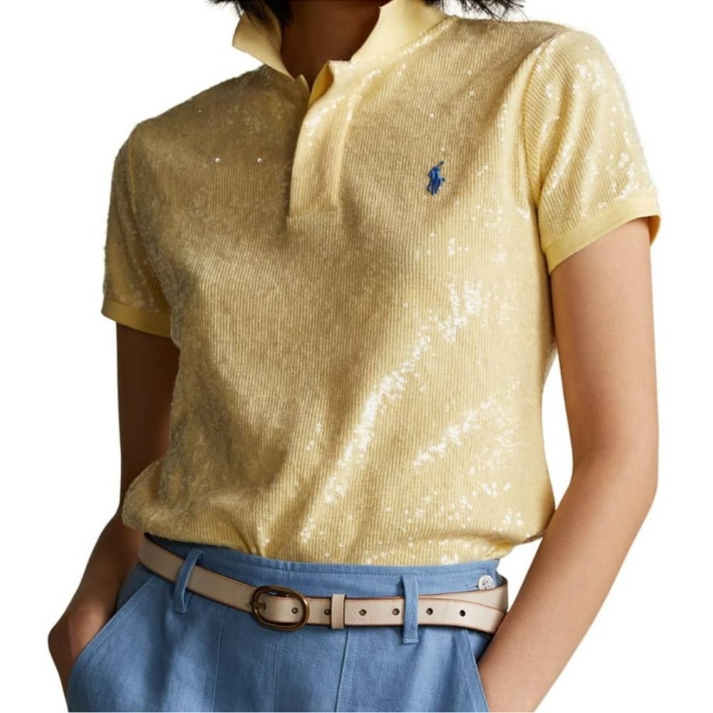 Polo Ralph Lauren Women's Yellow Sequin-embellished Polo Shirt.  SZ XXL